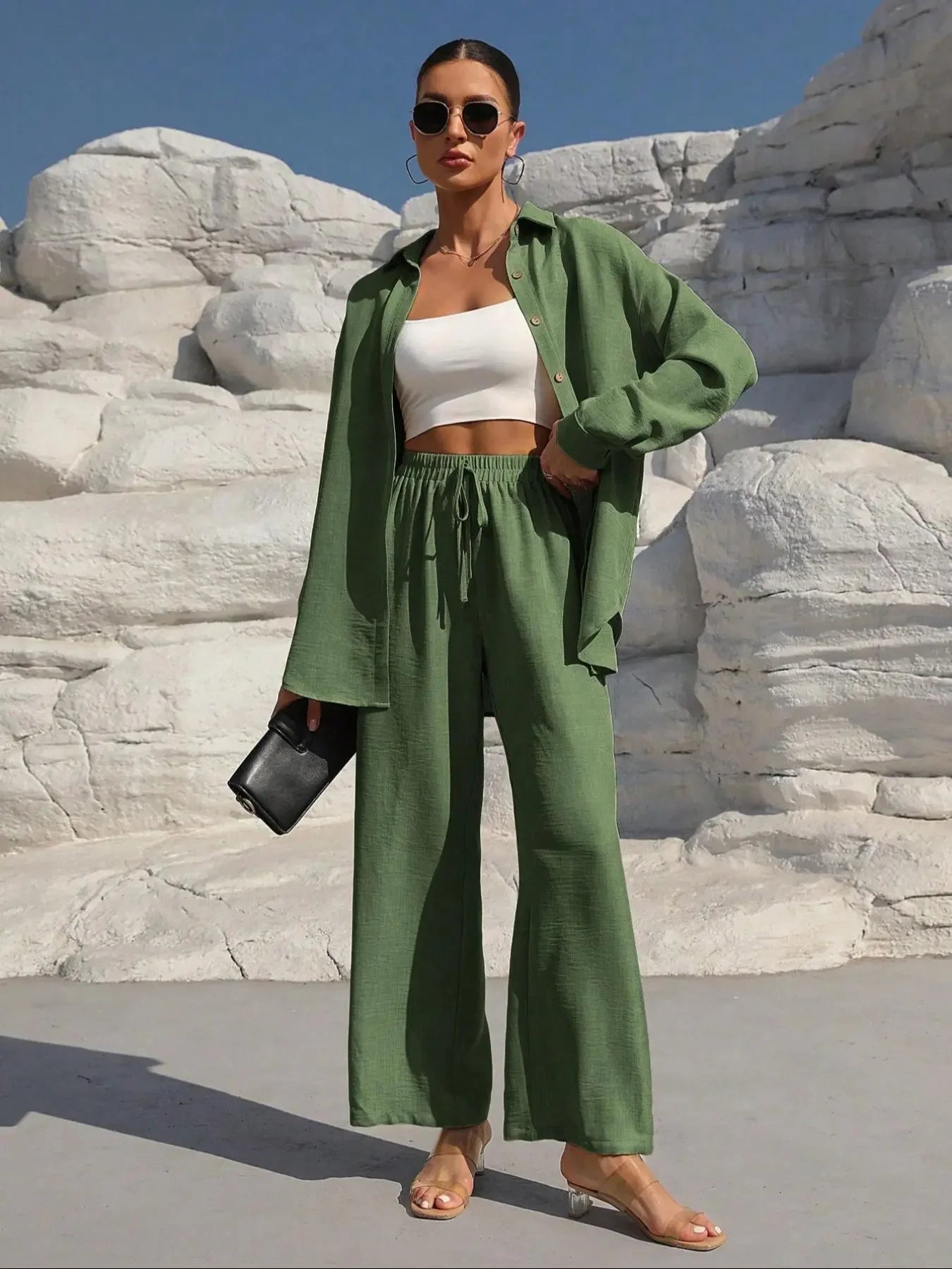 Women'S Solid Collared Button Front Shirt & Tie Front Wide Leg Pants Two-Piece Set, Casual Drop Shoulder Long Sleeve Fitted Top & High Waist Trousers for Spring & Fall, Linen Set, Loose Pant Sets, Casual Matching Sets, Womenswear